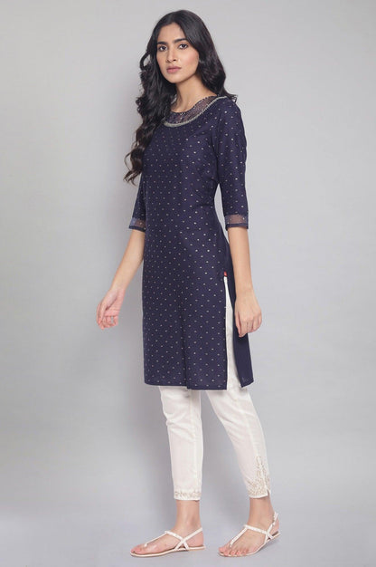 Navy Printed kurta with Organza Detail - wforwoman