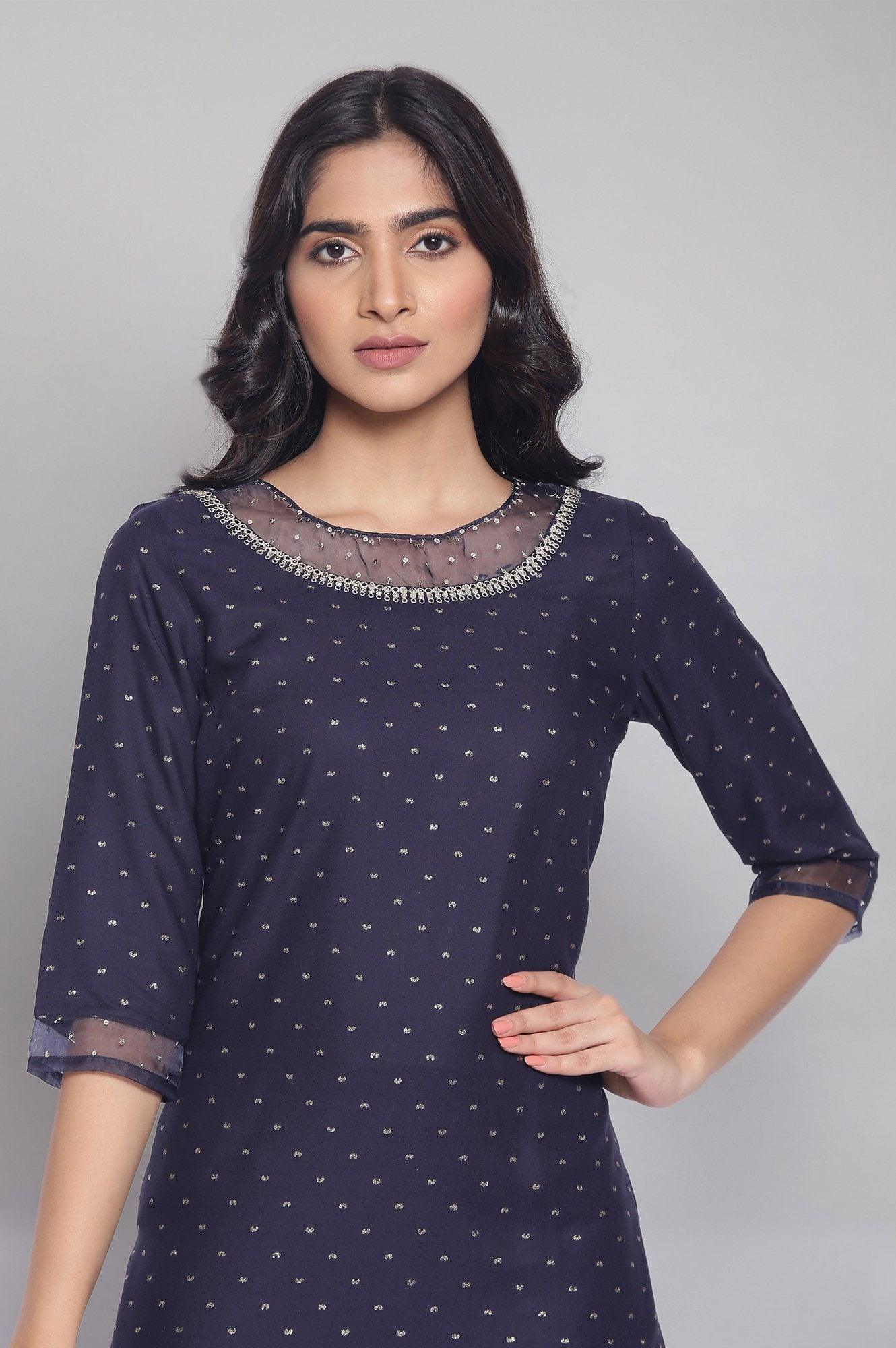 Navy Printed kurta with Organza Detail - wforwoman