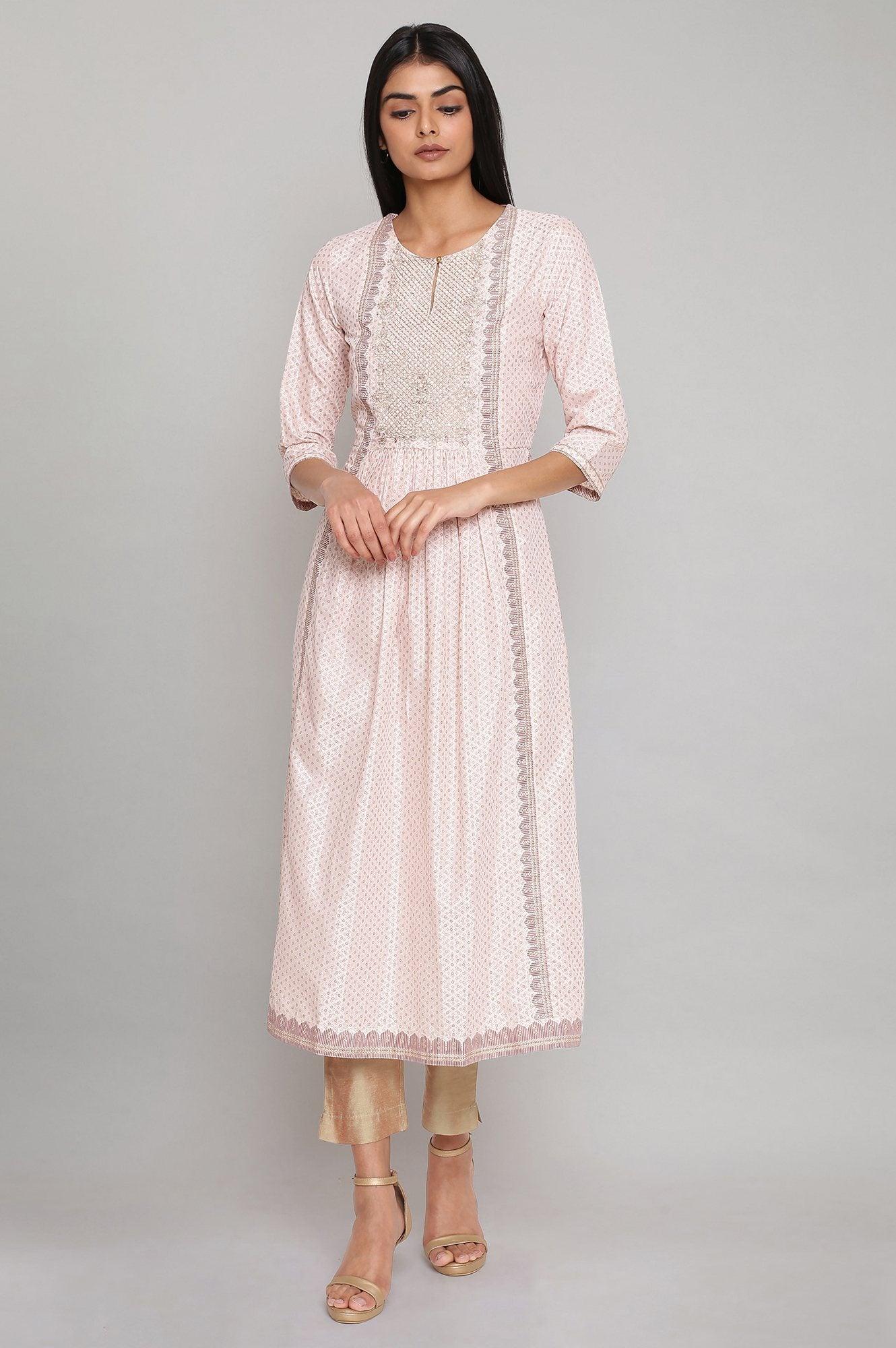 Light Pink Gathered kurta with Embroidery - wforwoman