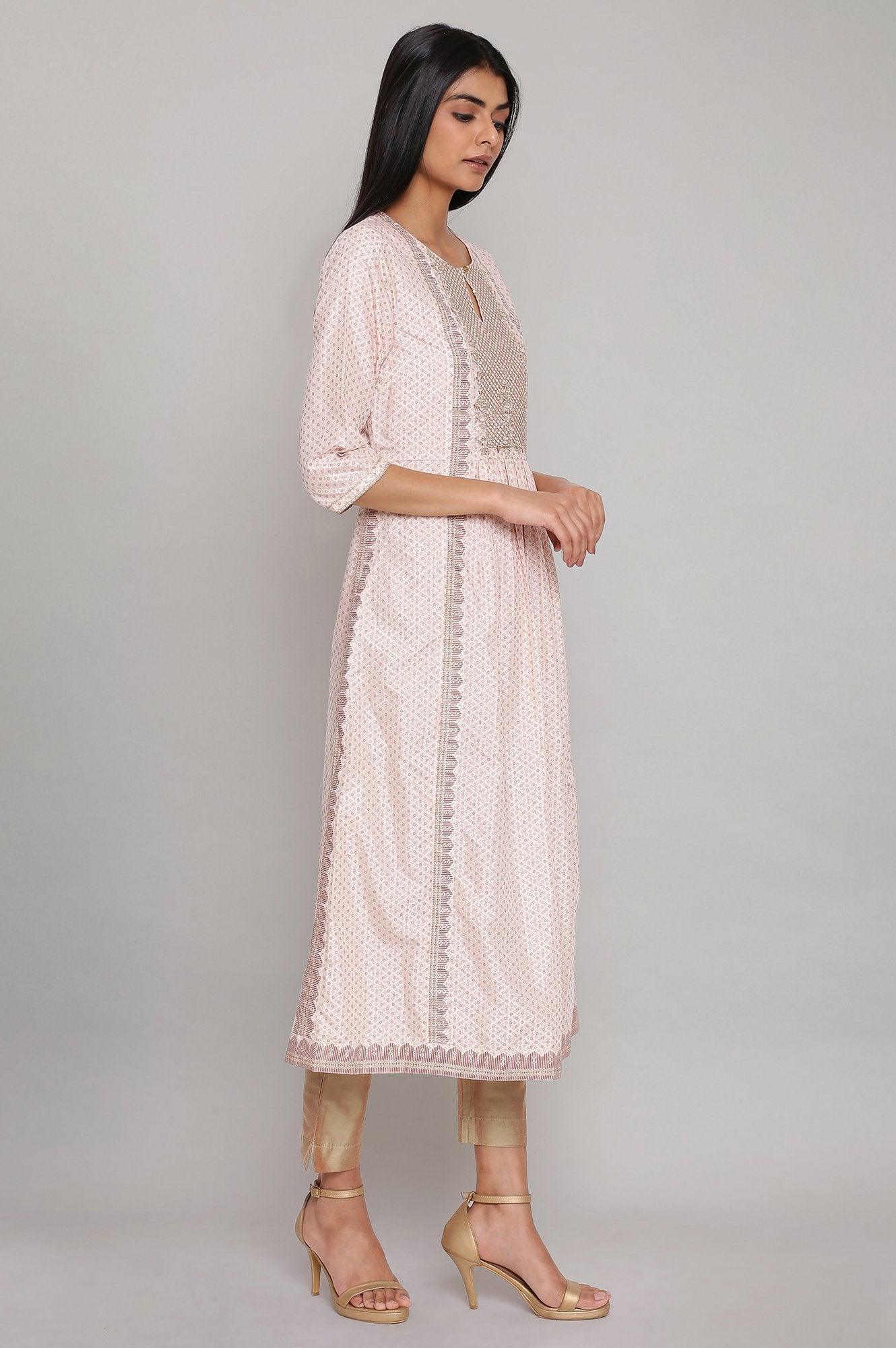 Light Pink Gathered kurta with Embroidery - wforwoman