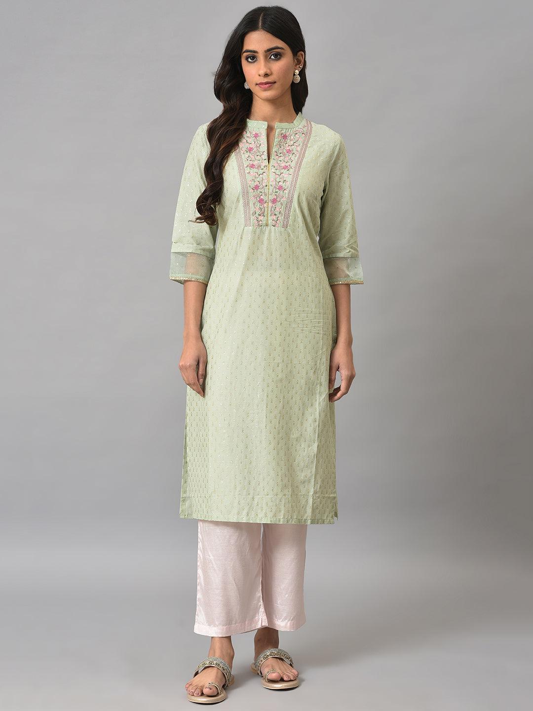 Light Green Embroidered kurta In Round Neck - XS