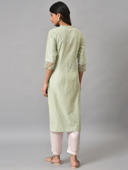 Light Green Embroidered kurta In Round Neck - wforwoman