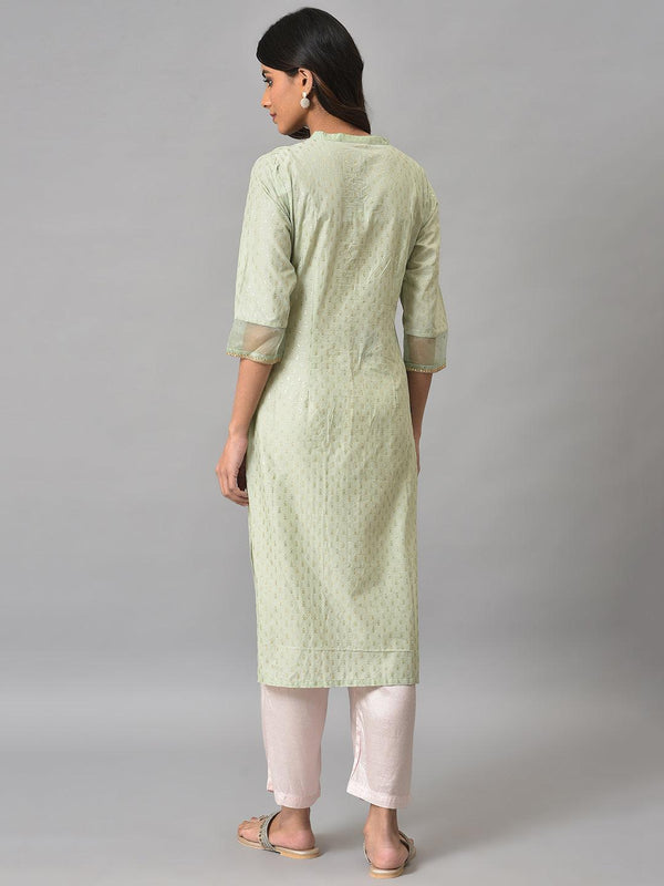 Light Green Embroidered kurta In Round Neck
