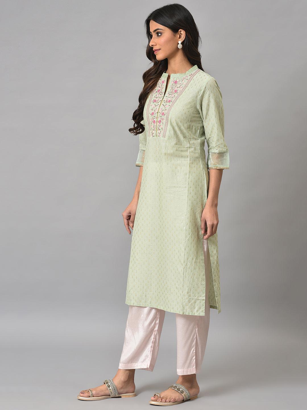 Light Green Embroidered kurta In Round Neck - wforwoman