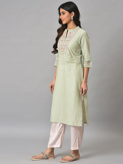 Light Green Embroidered kurta In Round Neck - wforwoman