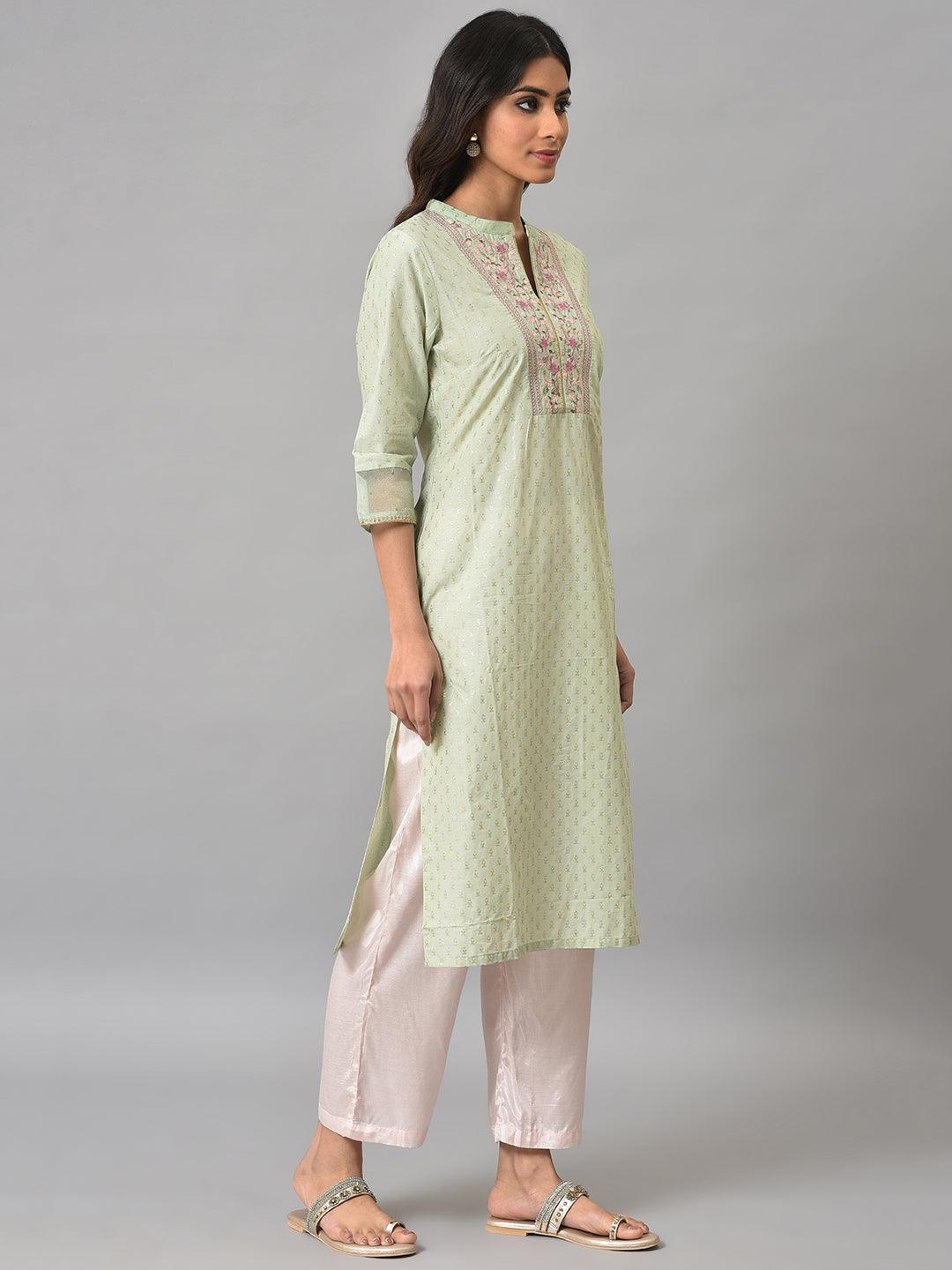 Light Green Embroidered kurta In Round Neck - wforwoman