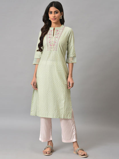 Light Green Embroidered kurta In Round Neck - wforwoman