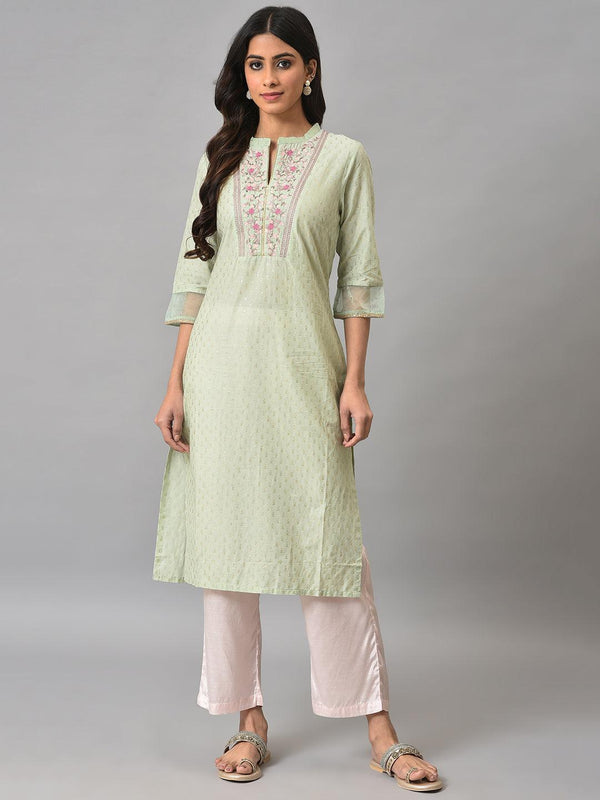 Light Green Embroidered kurta In Round Neck