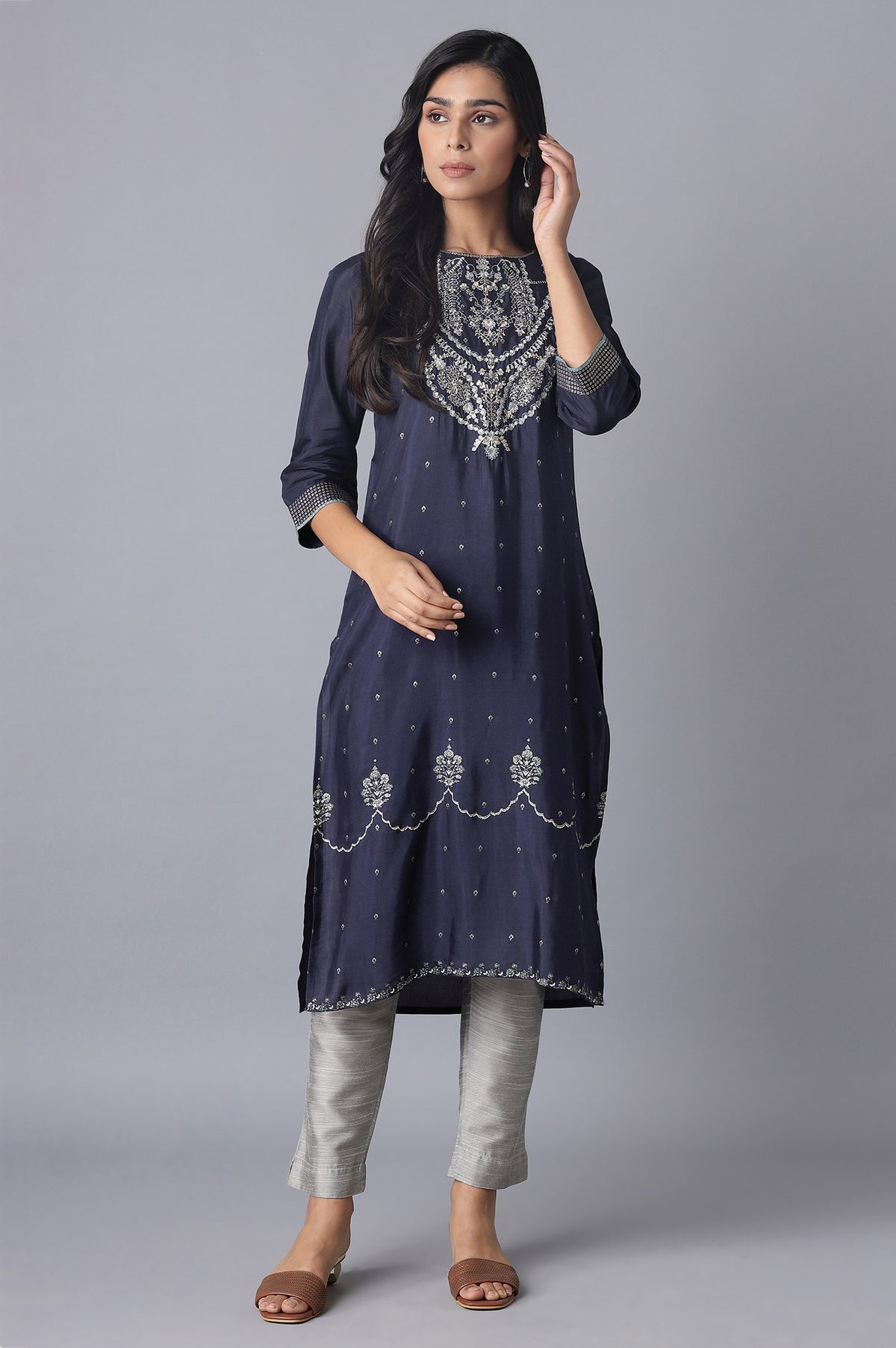 Navy Shantung kurta with Embroidery - XS