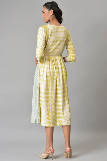 Ecru Gathered Dress With Soft Multi-Coloured Prints - wforwoman