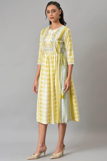 Ecru Gathered Dress With Soft Multi-Coloured Prints - wforwoman