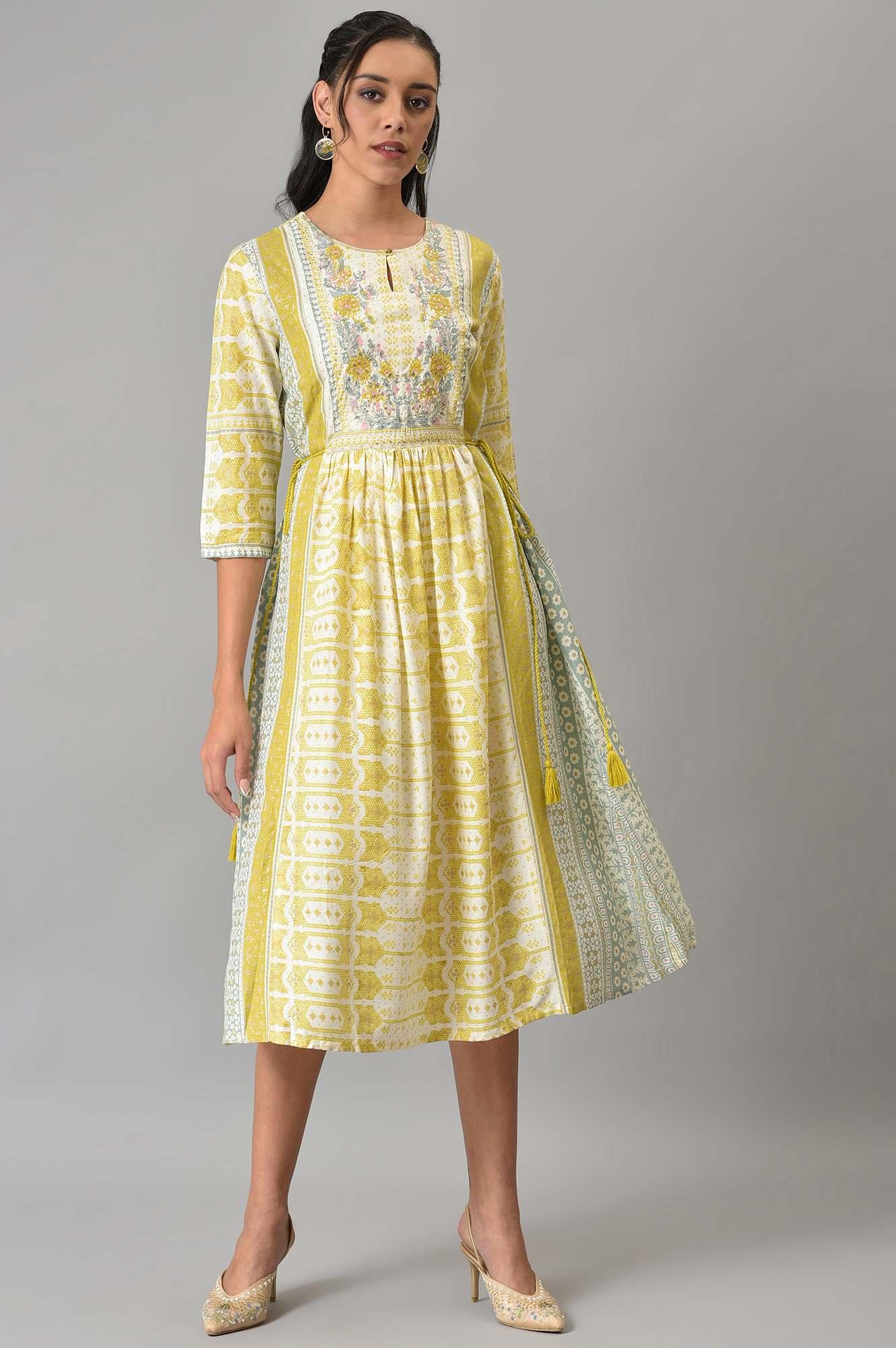 Ecru Gathered Dress With Soft Multi-Coloured Prints - wforwoman