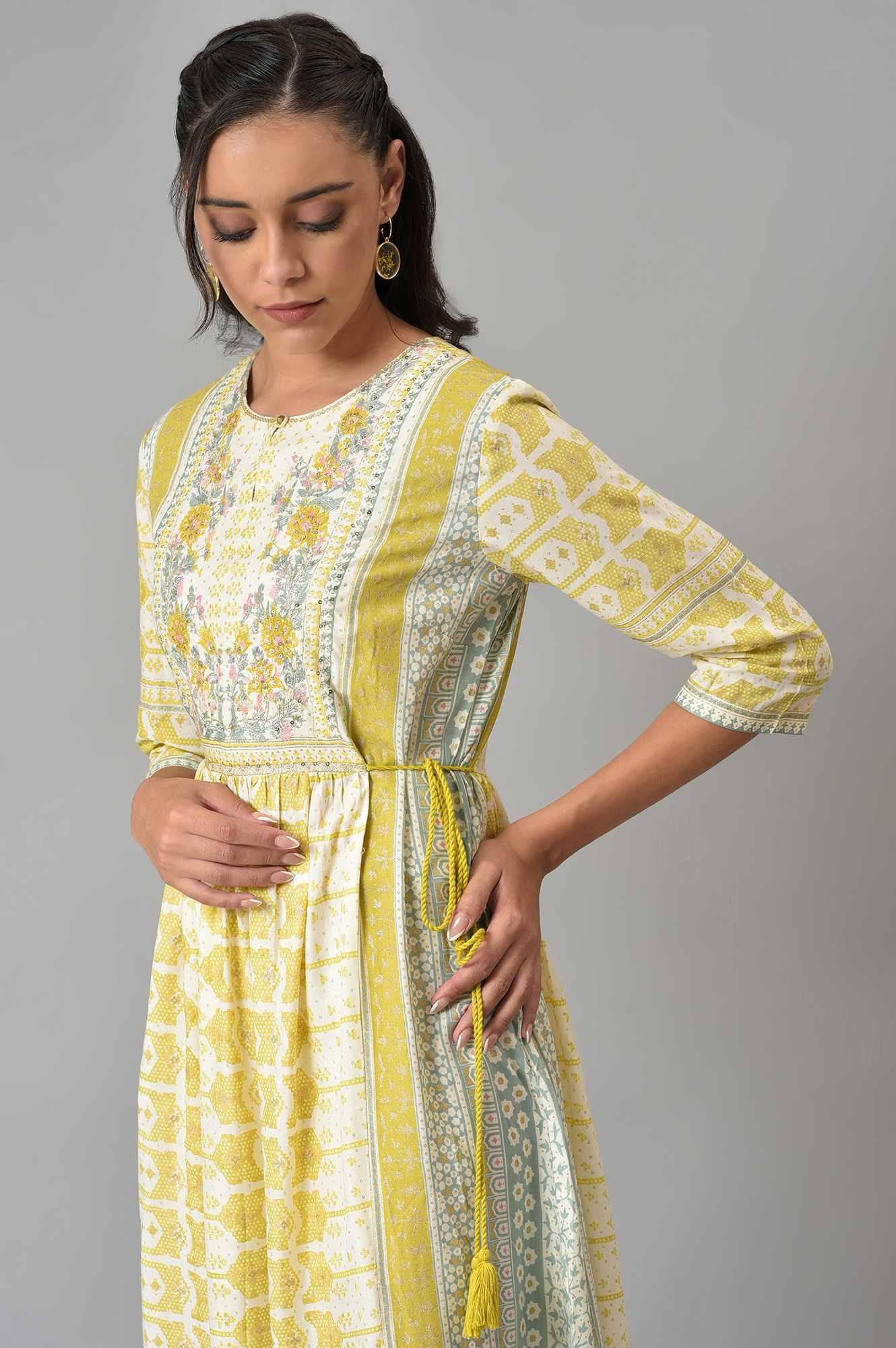 Ecru Gathered Dress With Soft Multi-Coloured Prints - wforwoman