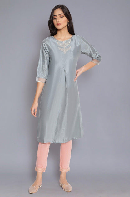 Slate Blue kurta with Embroidery - wforwoman