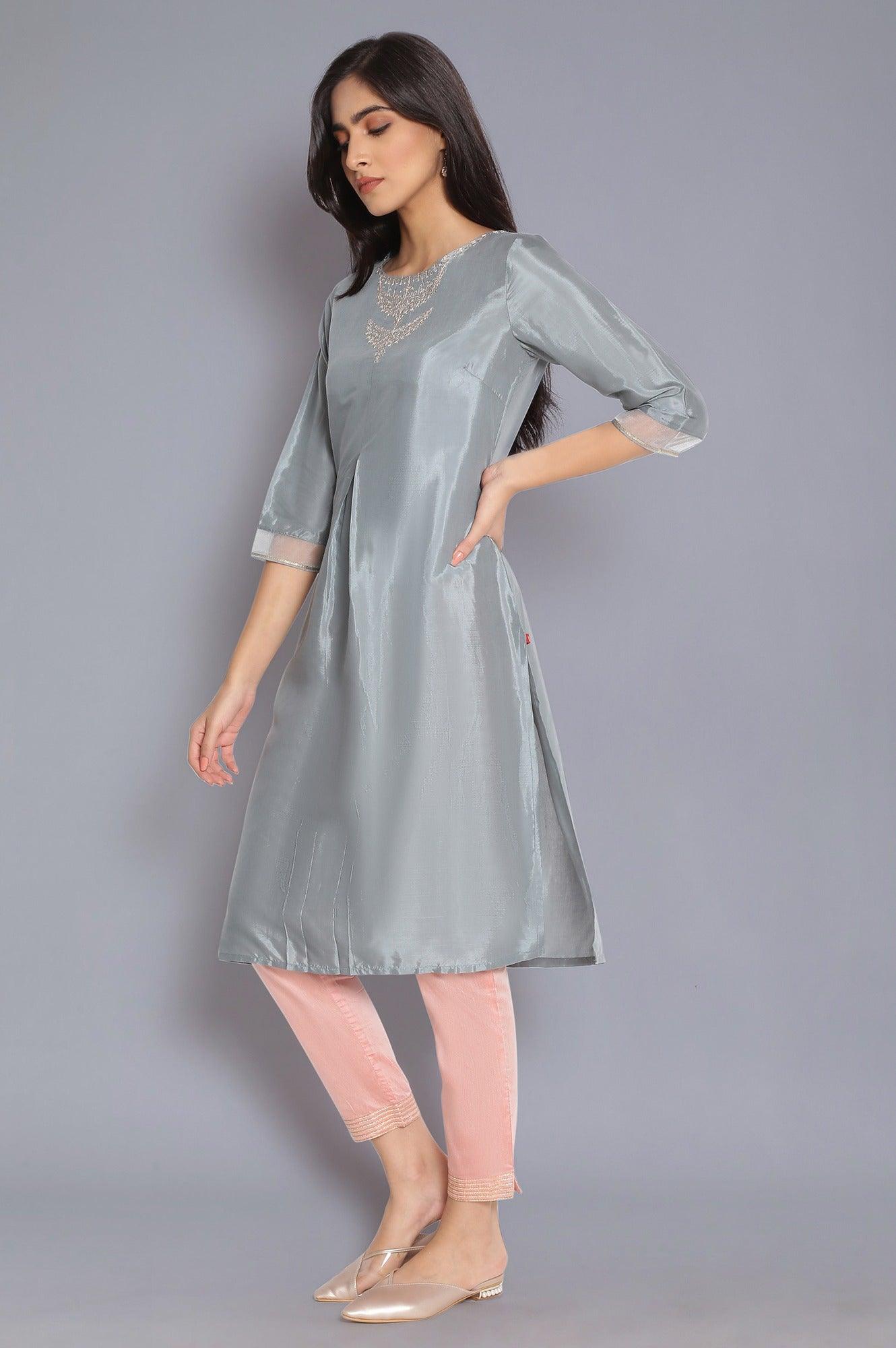 Slate Blue kurta with Embroidery - wforwoman