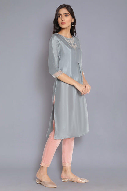 Slate Blue kurta with Embroidery - wforwoman