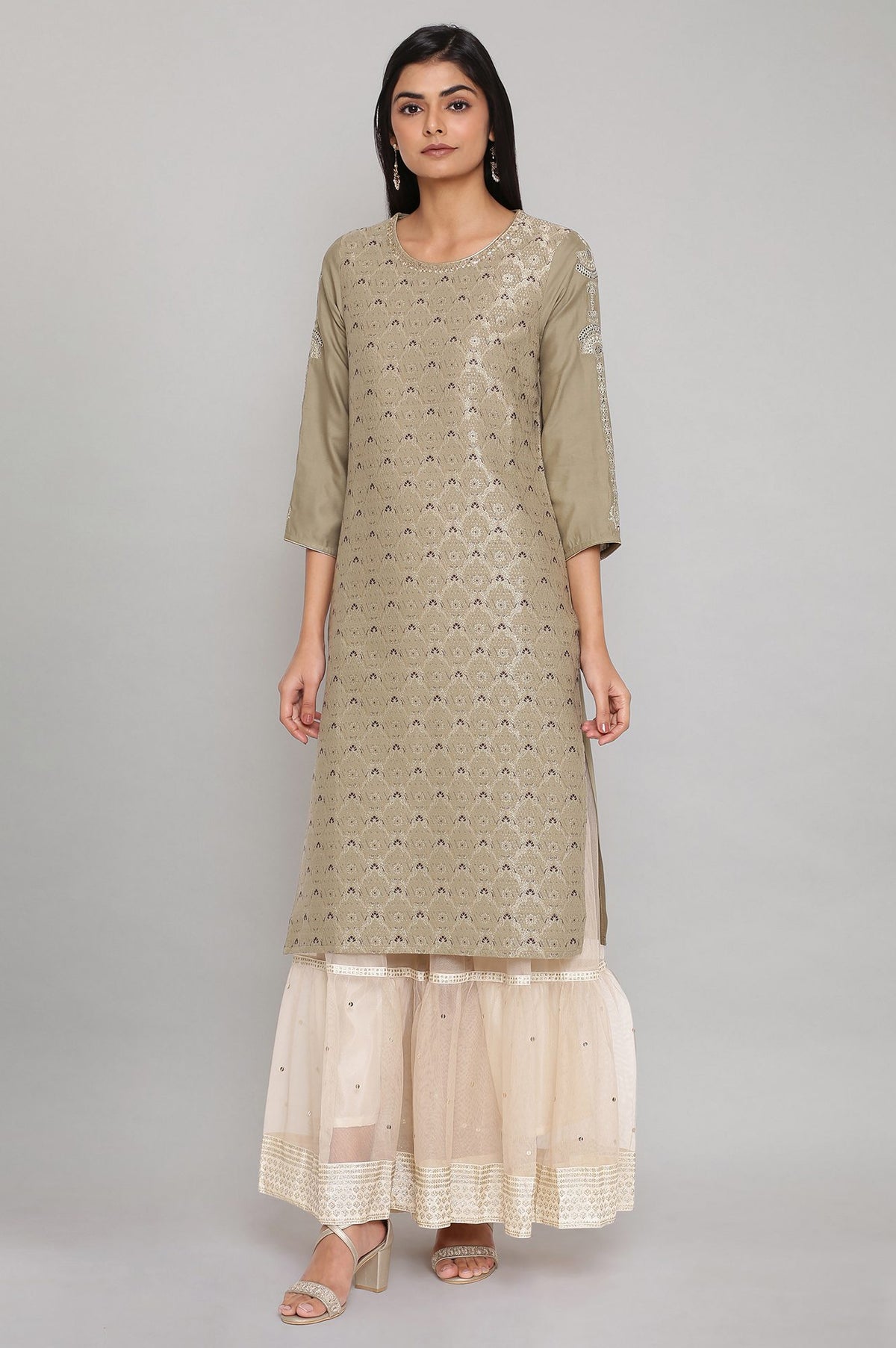 Sage Green Jacquard kurta with Embroidery - XS