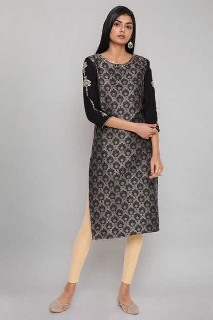 Black Jacquard kurta with Embroidery - wforwoman