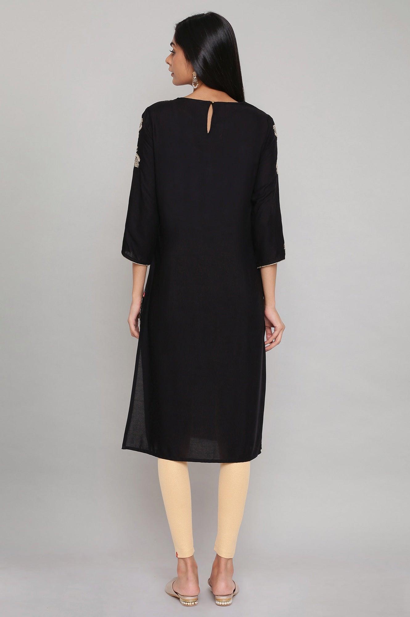 Black Jacquard kurta with Embroidery - wforwoman