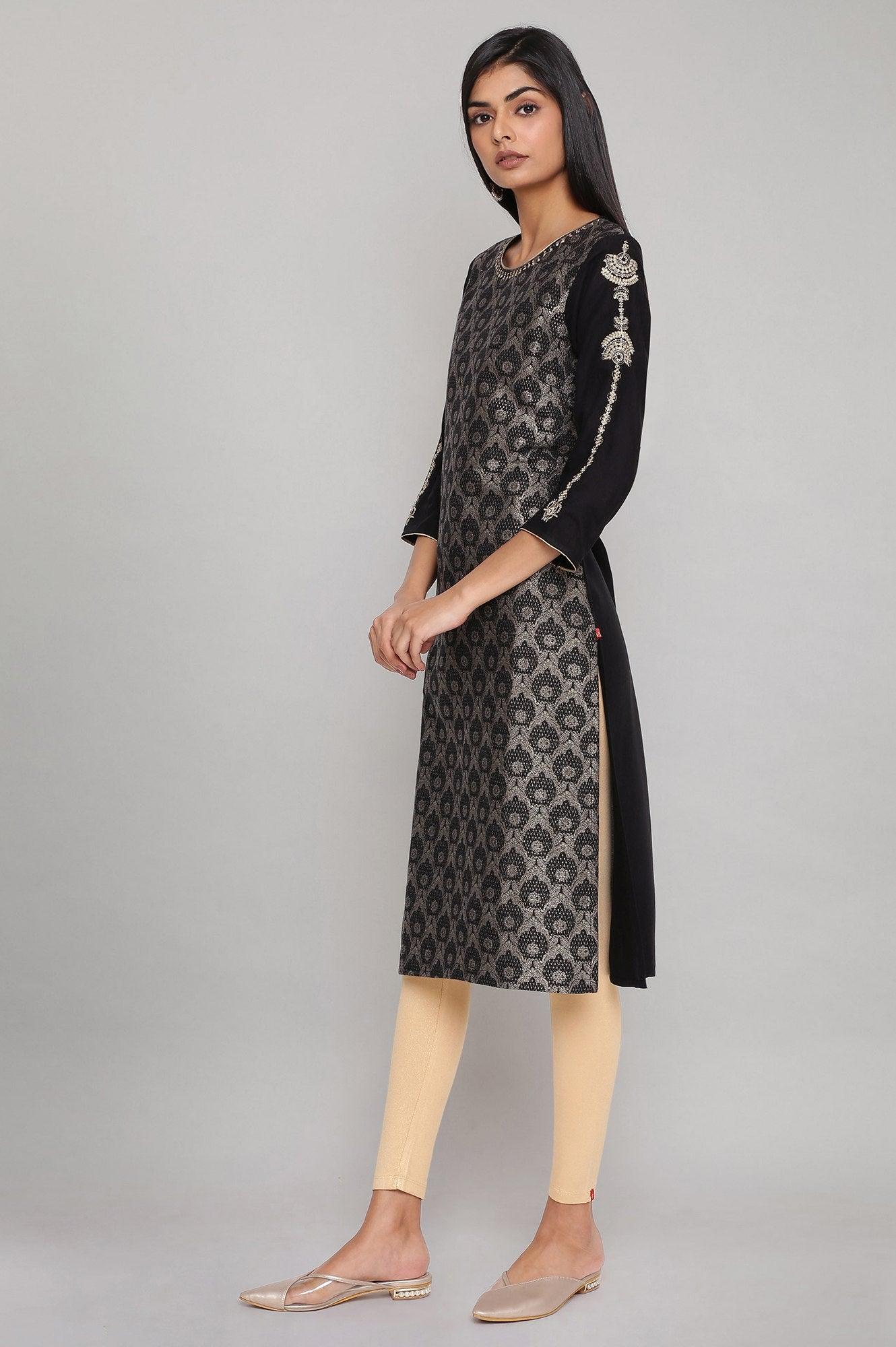 Black Jacquard kurta with Embroidery - wforwoman