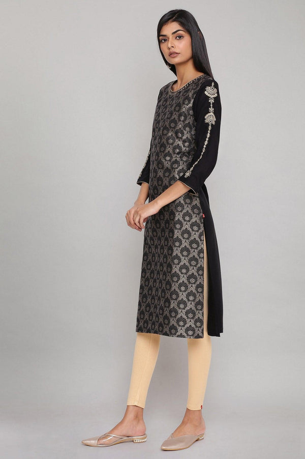 Black Jacquard kurta with Embroidery