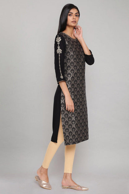 Black Jacquard kurta with Embroidery - wforwoman