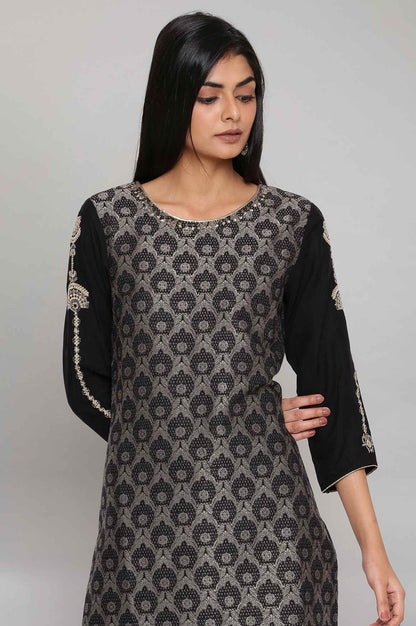 Black Jacquard kurta with Embroidery - wforwoman