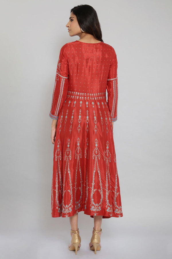 Rust Red Printed Dress with Embroidery