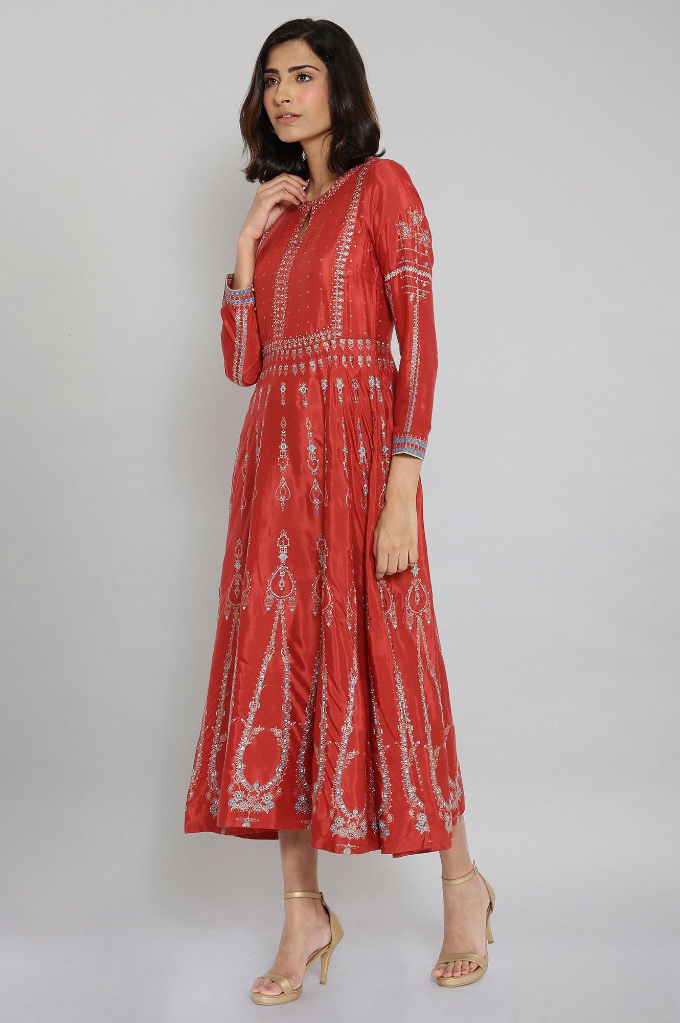 Rust Red Printed Dress with Embroidery - wforwoman