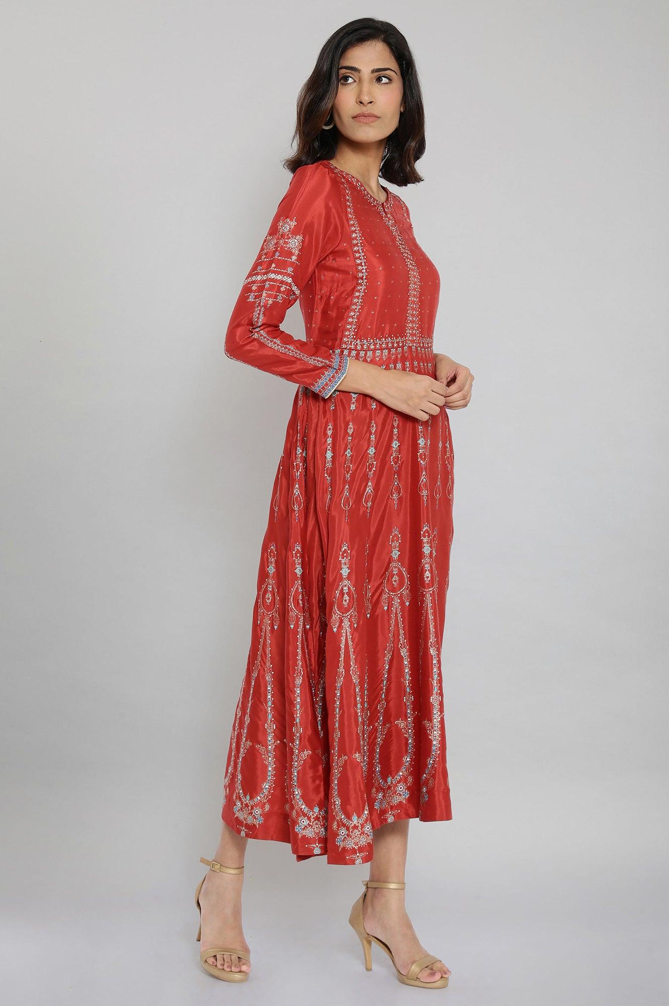 Rust Red Printed Dress with Embroidery - wforwoman