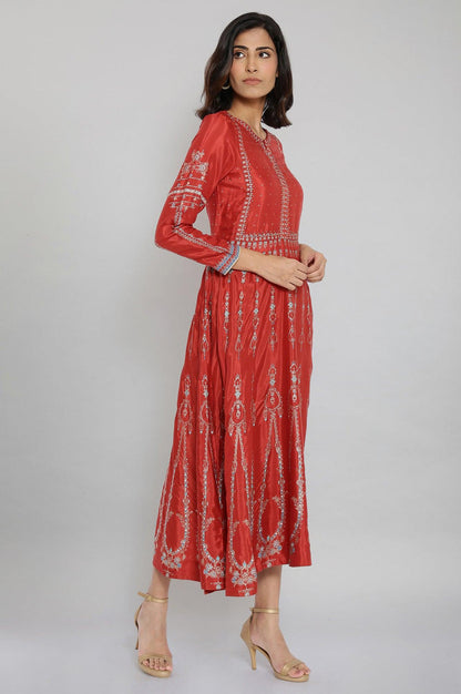 Rust Red Printed Dress with Embroidery - wforwoman