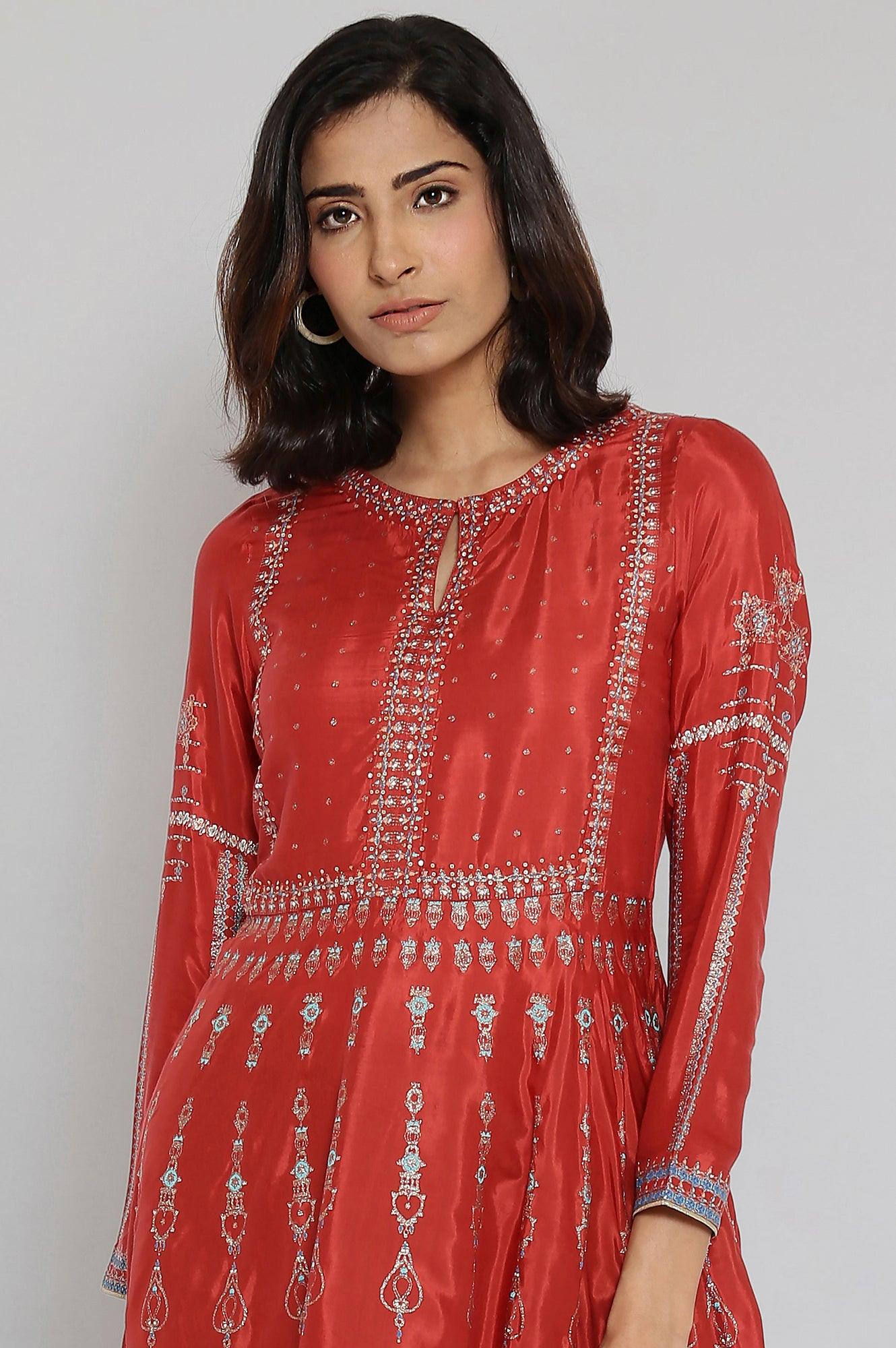Rust Red Printed Dress with Embroidery - wforwoman