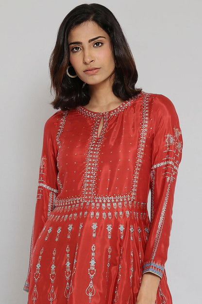 Rust Red Printed Dress with Embroidery - wforwoman