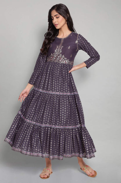 Navy Blue Printed Dress with Embroidery - wforwoman