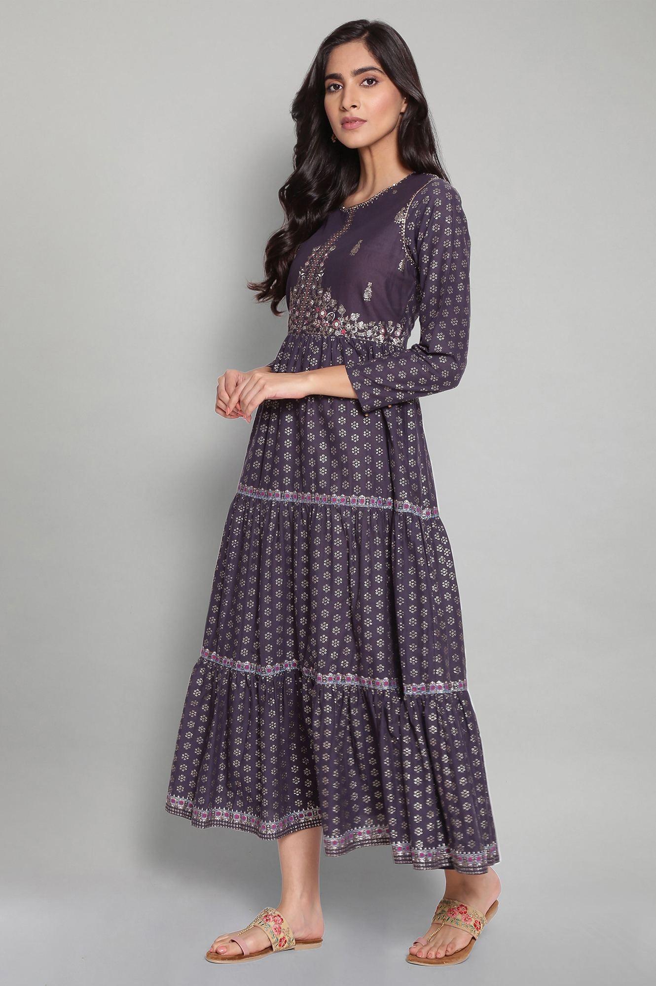 Navy Blue Printed Dress with Embroidery - wforwoman