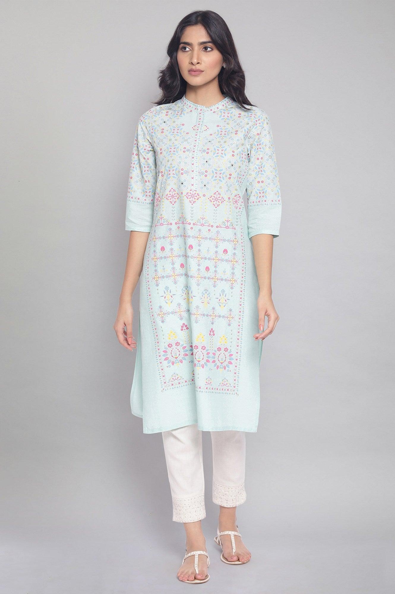 Light Green Printed kurta with Embroidery - wforwoman