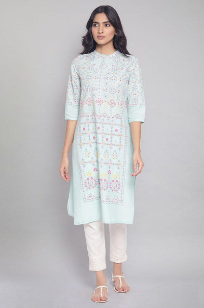Light Green Printed kurta with Embroidery - wforwoman