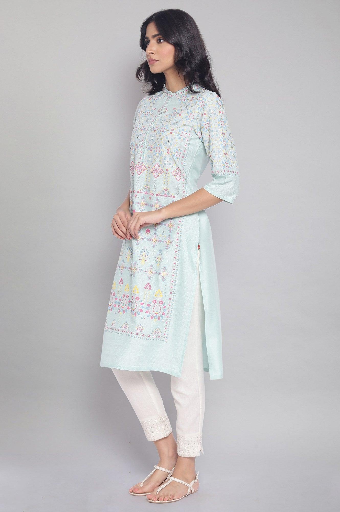 Light Green Printed kurta with Embroidery - wforwoman