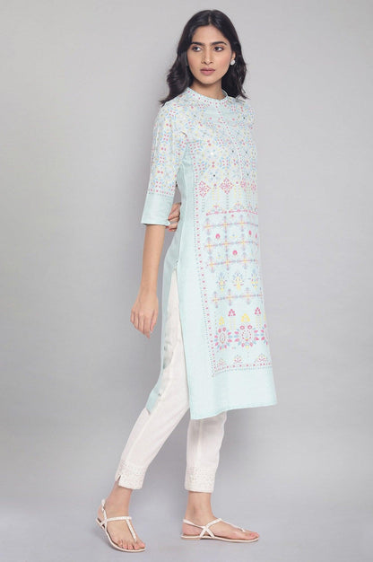 Light Green Printed kurta with Embroidery - wforwoman