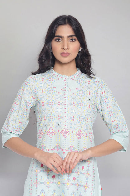 Light Green Printed kurta with Embroidery - wforwoman