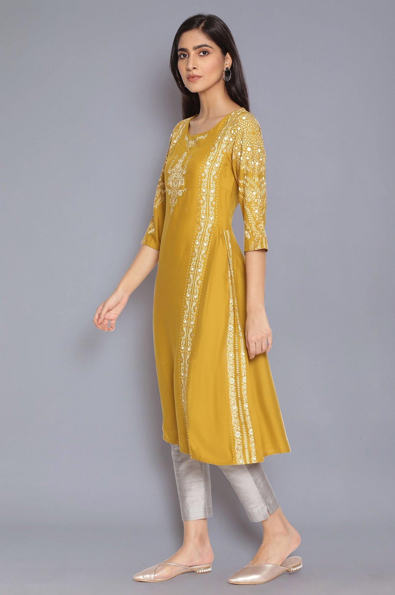 Green Printed kurta with Side Pleats - wforwoman