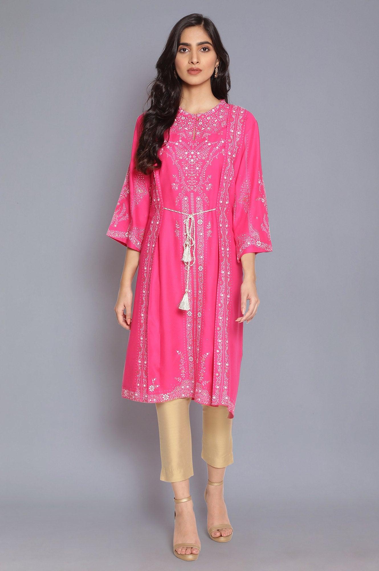 Dark Pink Printed Straight kurta - wforwoman