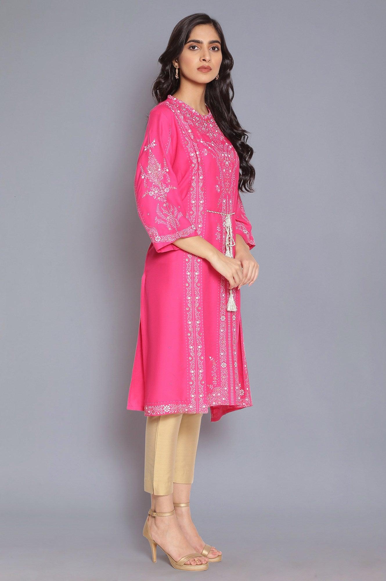 Dark Pink Printed Straight kurta - wforwoman