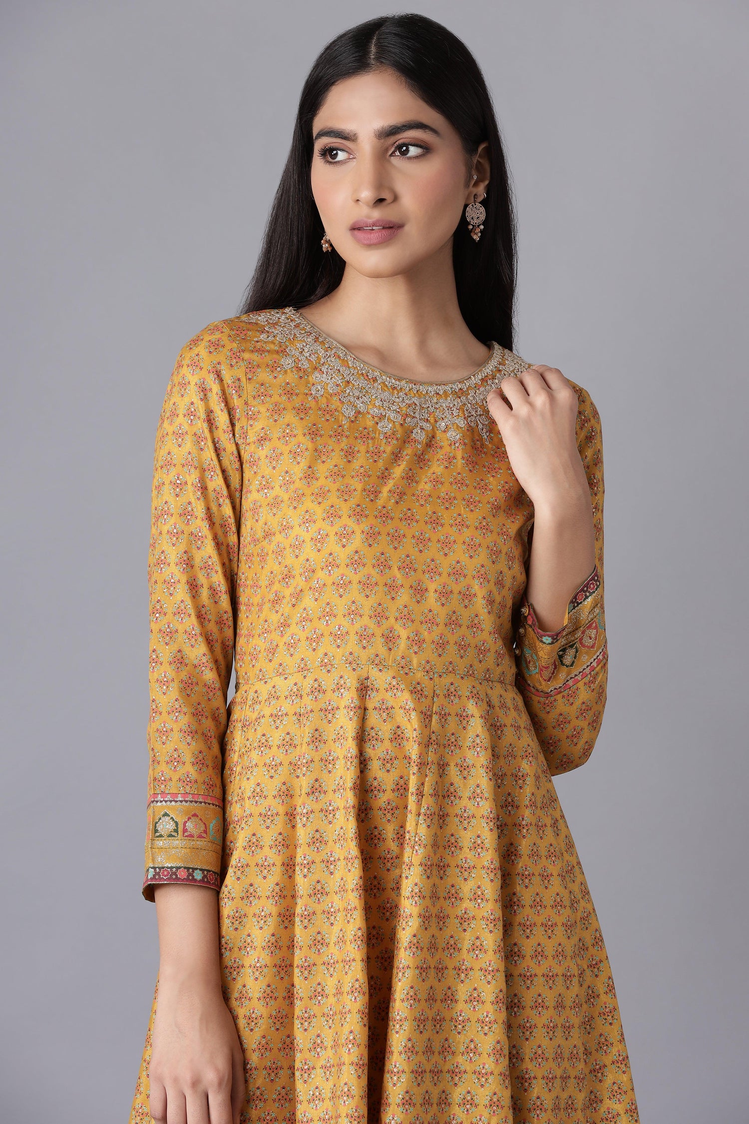 Chrome Yellow Printed kurta with Embroidery - wforwoman