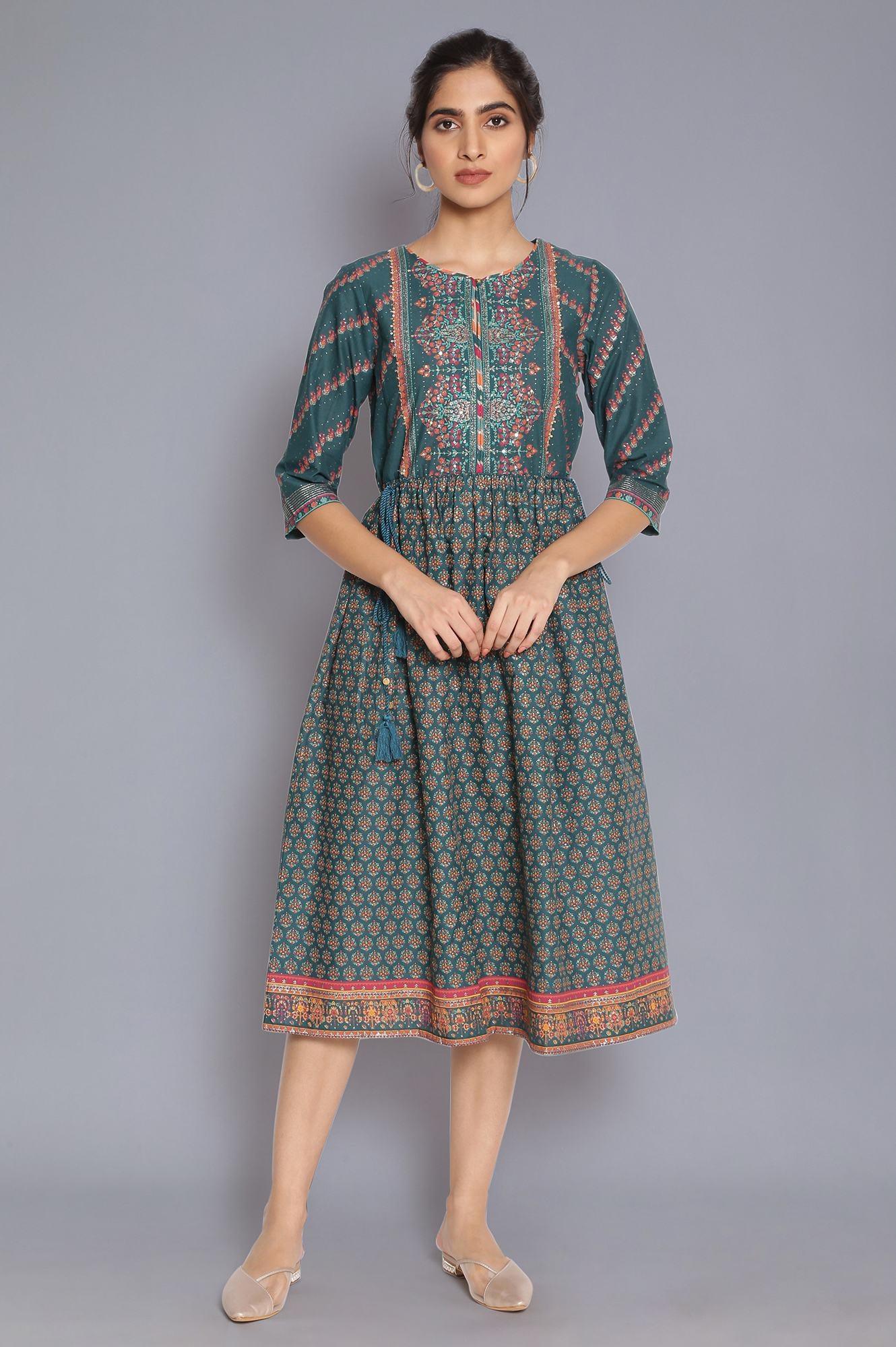 Deep Green Printed Dress with Sequin - wforwoman