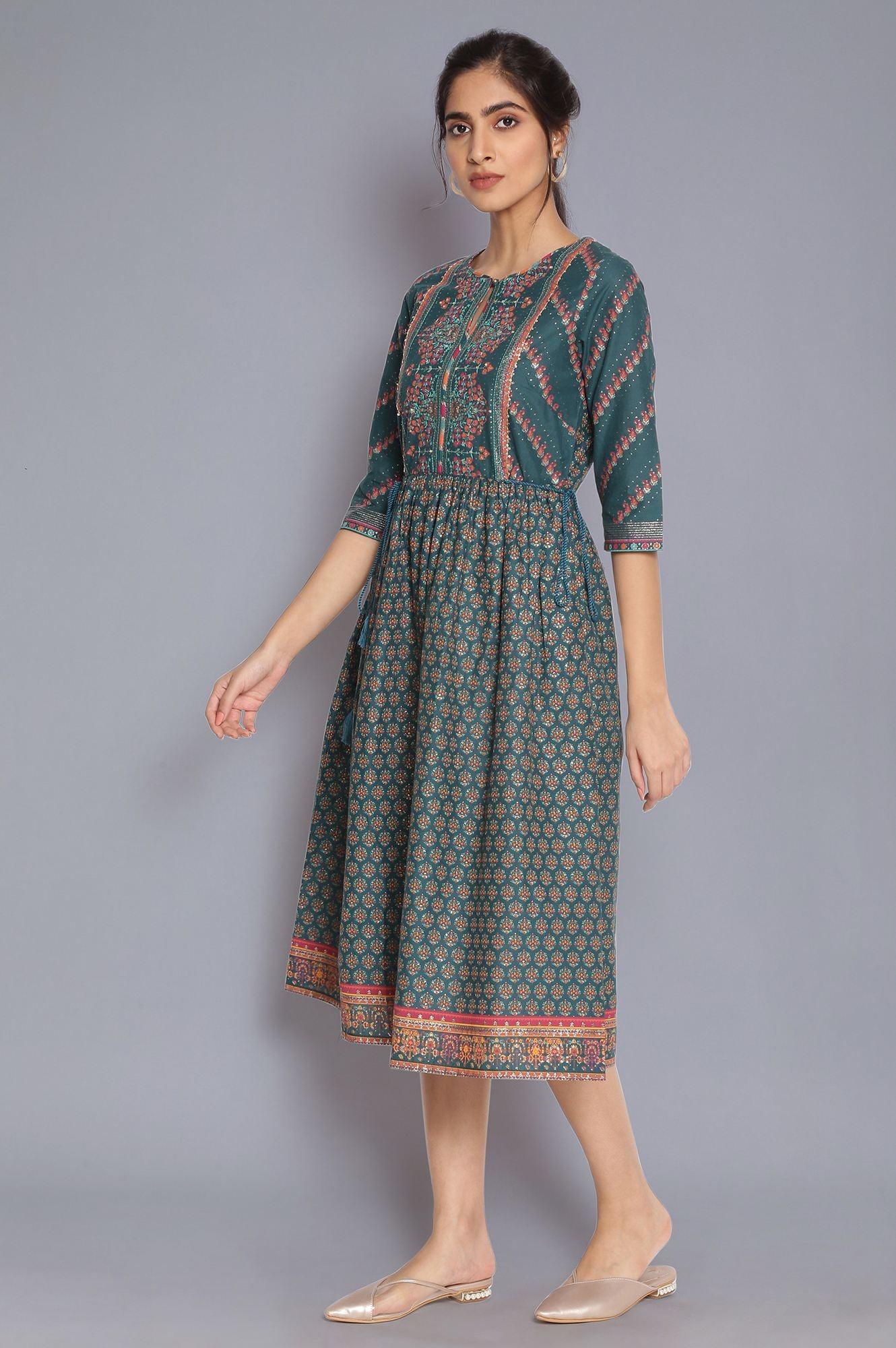 Deep Green Printed Dress with Sequin - wforwoman