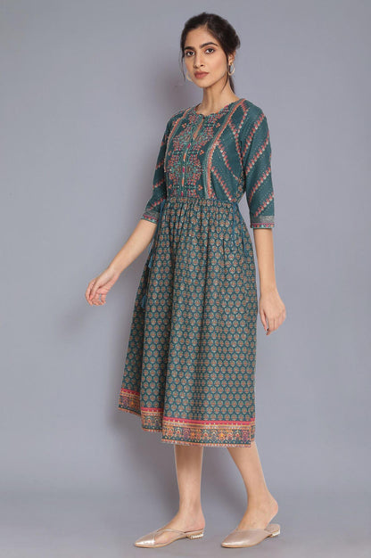 Deep Green Printed Dress with Sequin - wforwoman