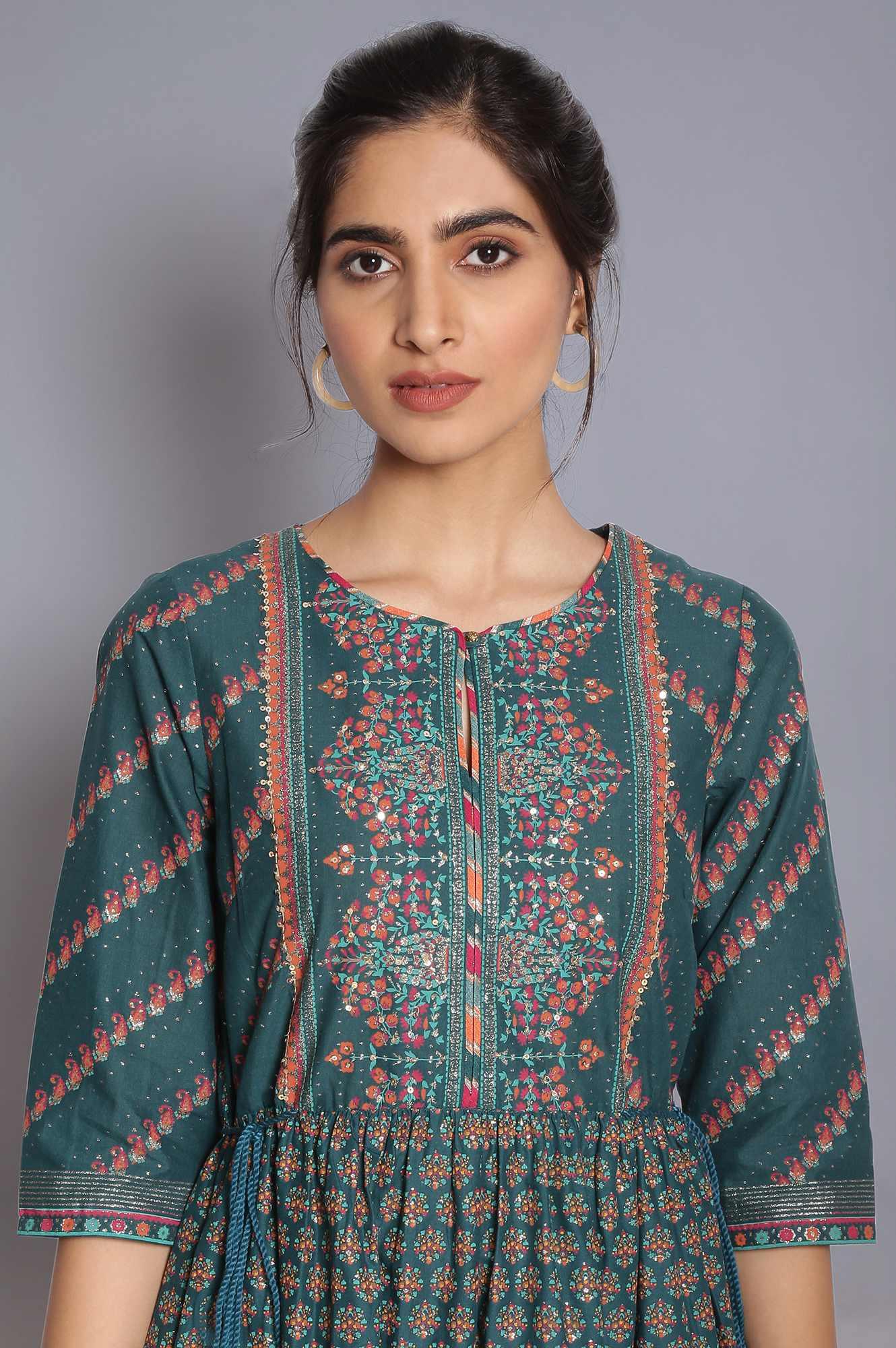 Deep Green Printed Dress with Sequin - wforwoman