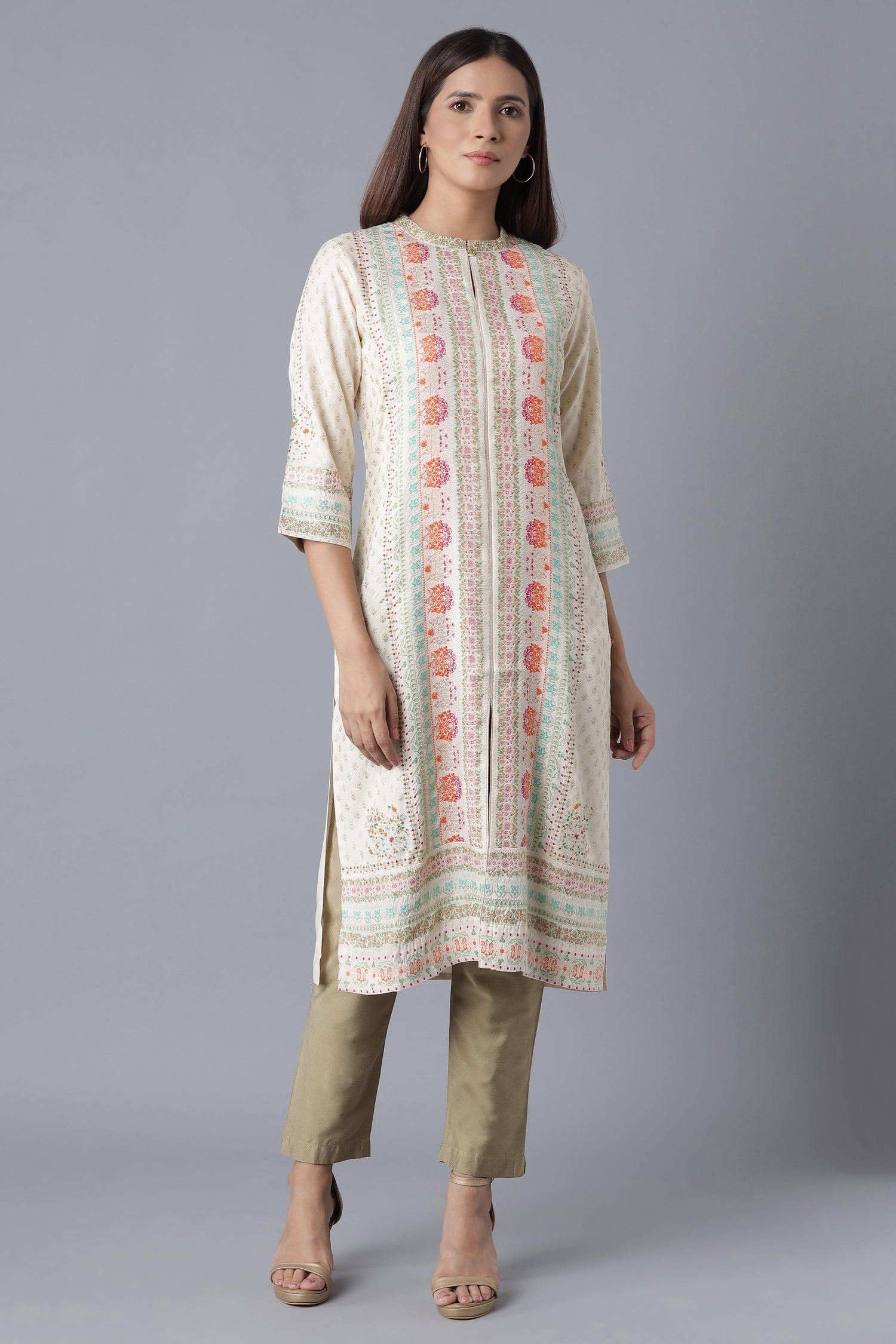 Ecru Floral Print kurta with Sequin - wforwoman