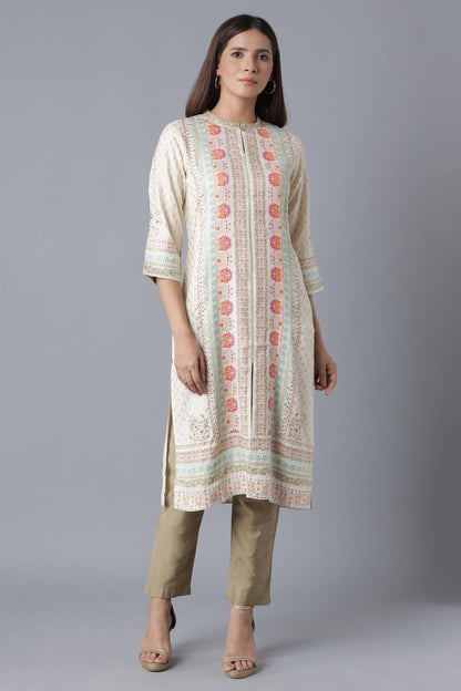 Ecru Floral Print kurta with Sequin - wforwoman